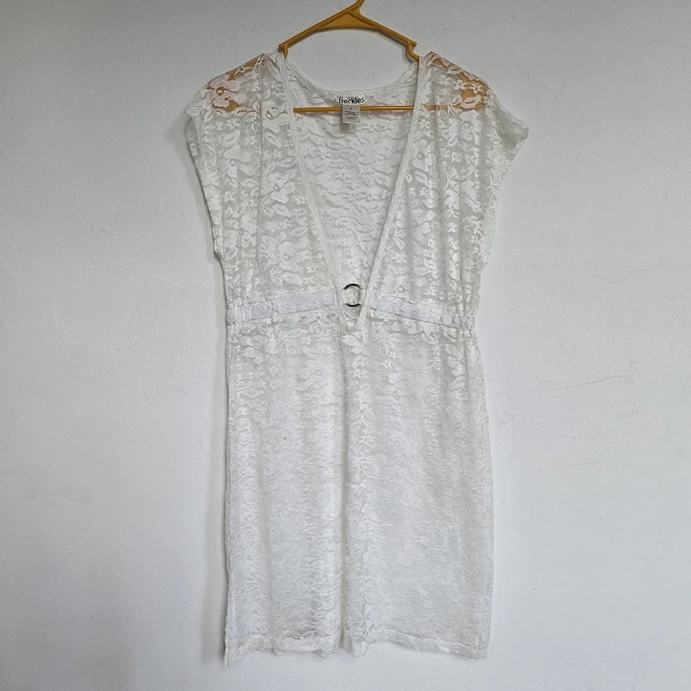 Freckles White Lace Mini Dress Large Boho Cottagecore Beach Cover Up